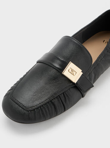Cody Leather Metallic-Buckle Ruched Loafers, Black, hi-res
