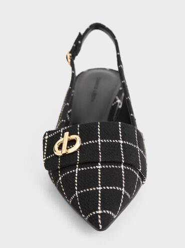 حذاء مفتوح من الخلف بمقدمة مدببة وحلية معدنية أنيقة من قماش التويد, أسود خشن, hi-res