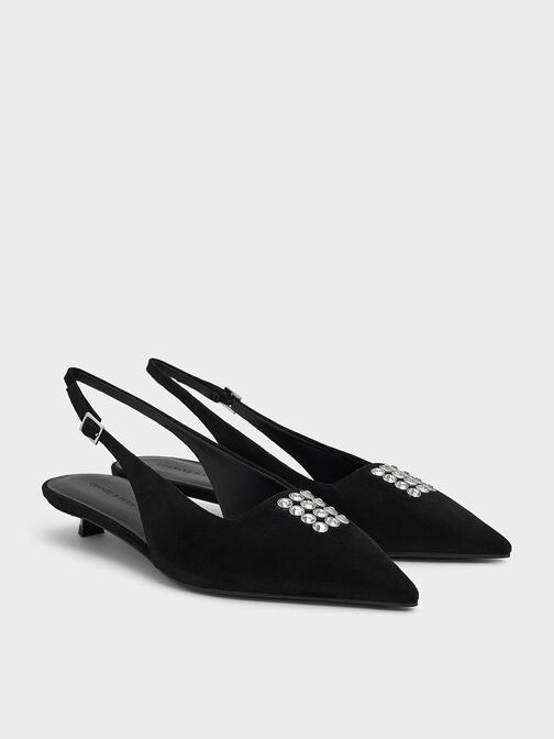Faux Suede Crystal-Embellished Slingback Pumps, Black Textured, hi-res