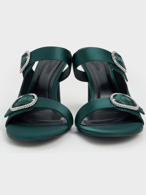Recycled Polyester Crystal-Buckle Heeled Mules, Dark Green, hi-res