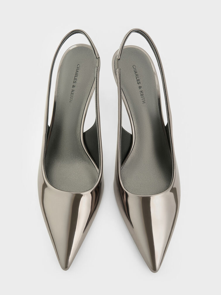 Kaia Metallic Pointed-Toe Slingback Pumps, Pewter, hi-res