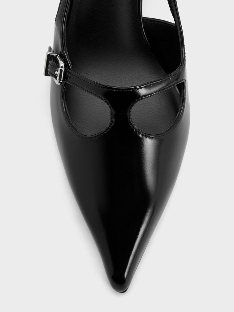 حذاء سلينجباك مفتوح الظهر بكعب عالٍ ومقدمة مدببة وتصميم متقاطع على شكل حرف T, صندوق أسود, hi-res