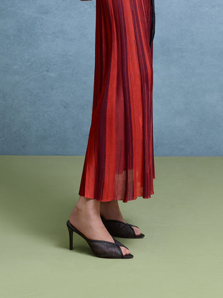 حذاء ميول بكعب ومقدمة مفتوحة من القماش الشبكي اللامع, أسود خشن, hi-res