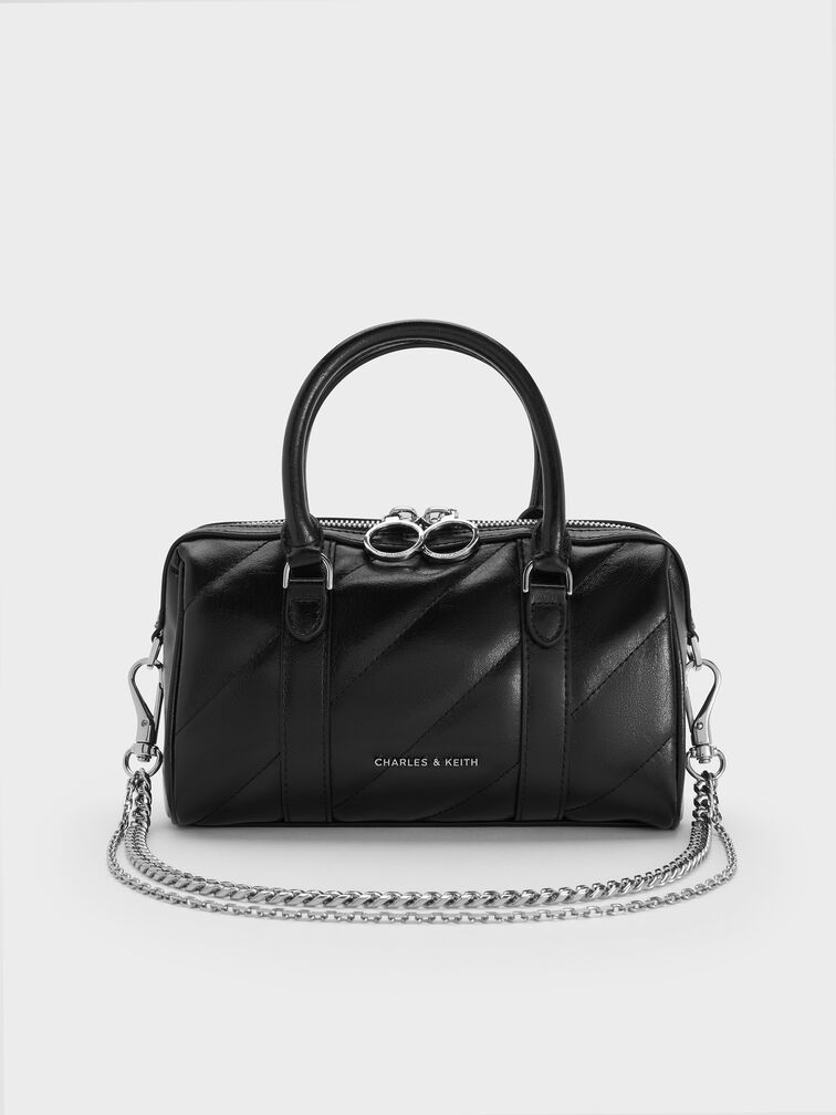 Philomena Panelled Chain-Handle Bowling Bag, Noir, hi-res