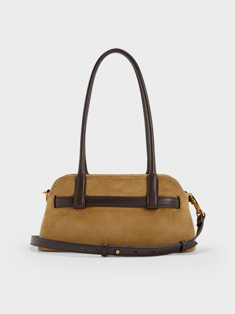 شنطة كتف فيكتوريا من جلد شامواه معاد تدويره بحزام, رملي ذهبي هاديء, hi-res