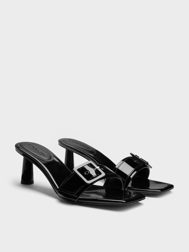 Patent Buckle-Strap Heeled Mules, Black Patent, hi-res