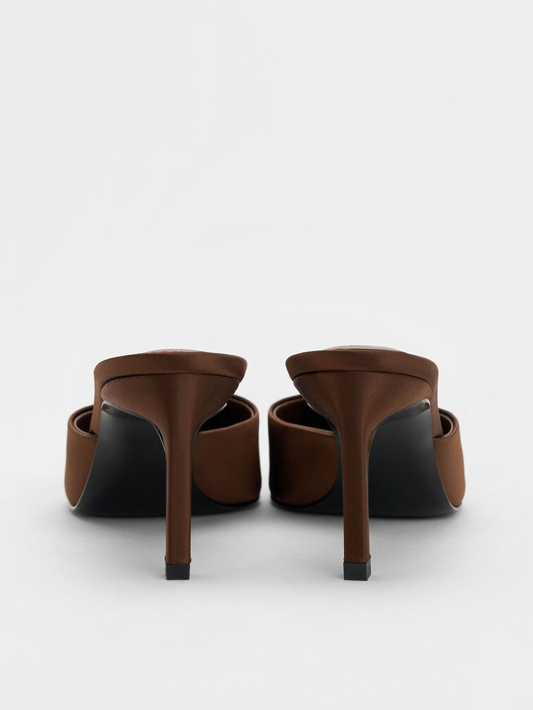 Satin Pointed-Toe Heeled Mules, Dark Brown, hi-res
