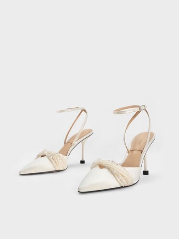 Leda Beaded Satin Ankle-Strap Pumps, White, hi-res