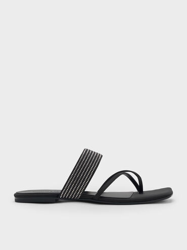 Satin Crystal-Embellished Crossover Toe-Ring Sandals, Black Textured, hi-res