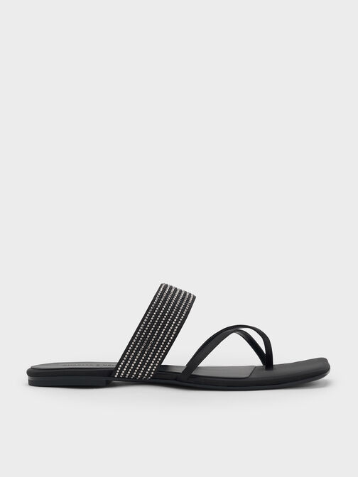 Satin Crystal-Embellished Crossover Toe-Ring Sandals, Black Textured, hi-res
