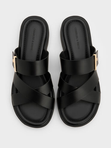 Metallic-Accent Crossover-Strap Slide Sandals, Black, hi-res