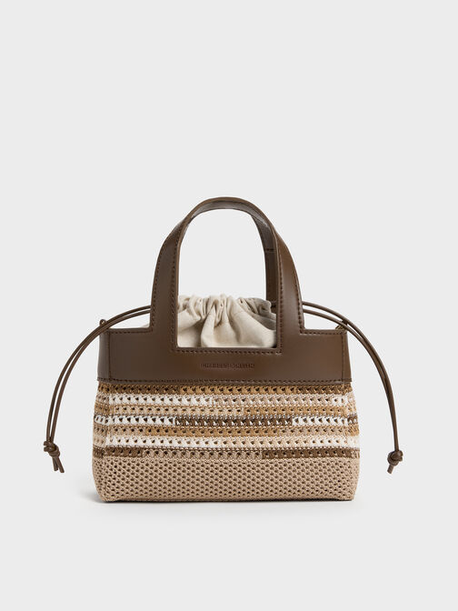 حقيبة إيدا المنسوجة متعددة الخطوط - للبنات, متعدد البني, hi-res