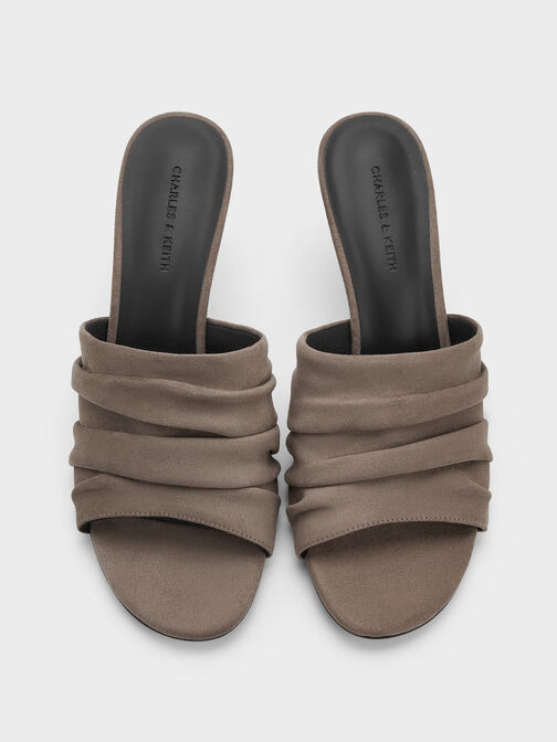 Faux Suede Ruched Heeled Mules, Taupe, hi-res