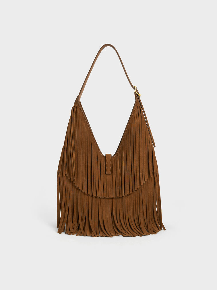 Cesia Recycled Suede Fringed Hobo Bag, Sienna Brown, hi-res