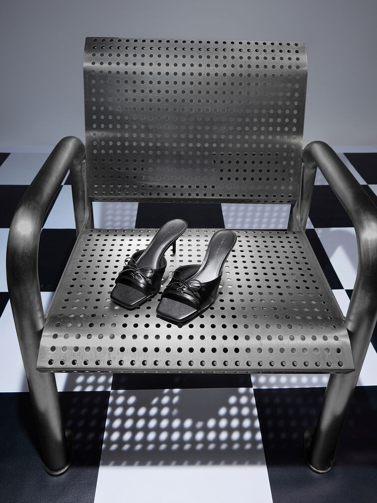 Sadira Satin Ruched Bow Heeled Mules, Black Textured, hi-res