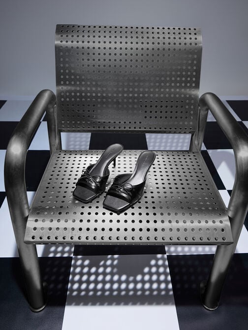 Sadira Satin Ruched Bow Heeled Mules, Black Textured, hi-res