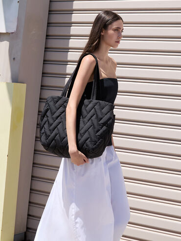 Nylon Chevron Tote Bag, Jet Black, hi-res