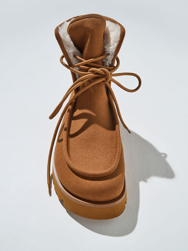 Textured Fur-Lined Ridged-Sole Ankle Boots, Brown, hi-res