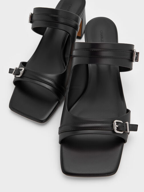 Buckled Double-Strap Heeled Mules, Black, hi-res