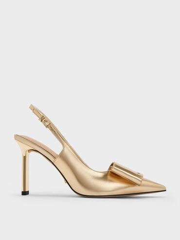 Lu Metallic Leather Bow Blade-Heel Slingback Pumps, Gold, hi-res