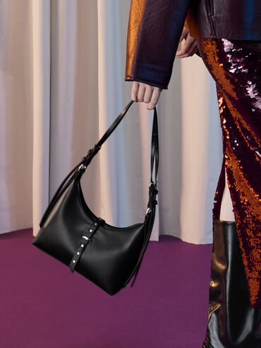 شنطة كتف لارك مزينة بحزام, أسود كلاسيكي, hi-res