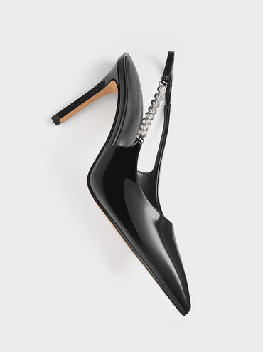 Flores Patent Gem-Strap Slingback Pumps, Black Patent, hi-res