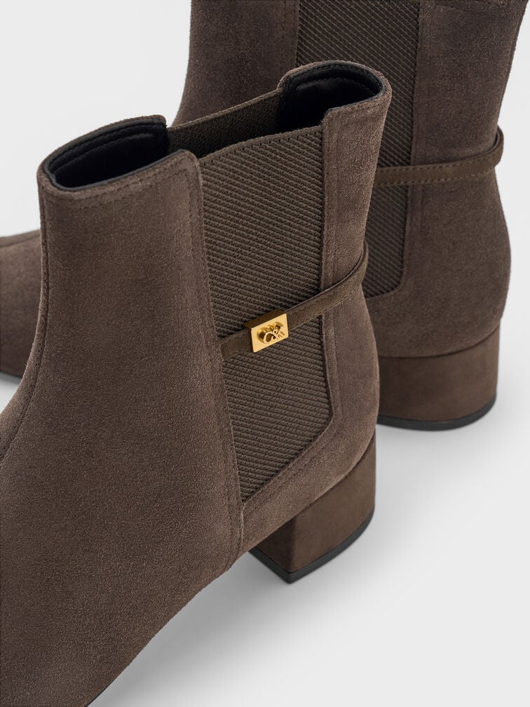 Georgina Suede Tapered Square-Toe Ankle Boots, Dark Brown Textured, hi-res