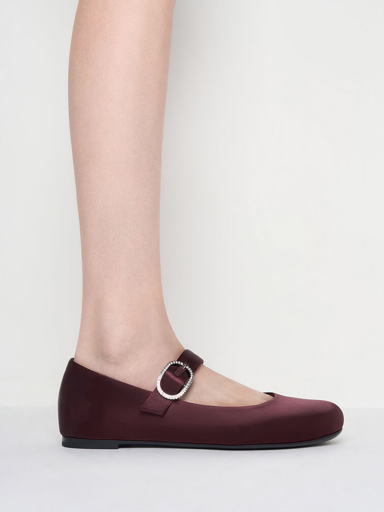 Jannie Satin Crystal-Buckle Mary Janes, Burgundy, hi-res