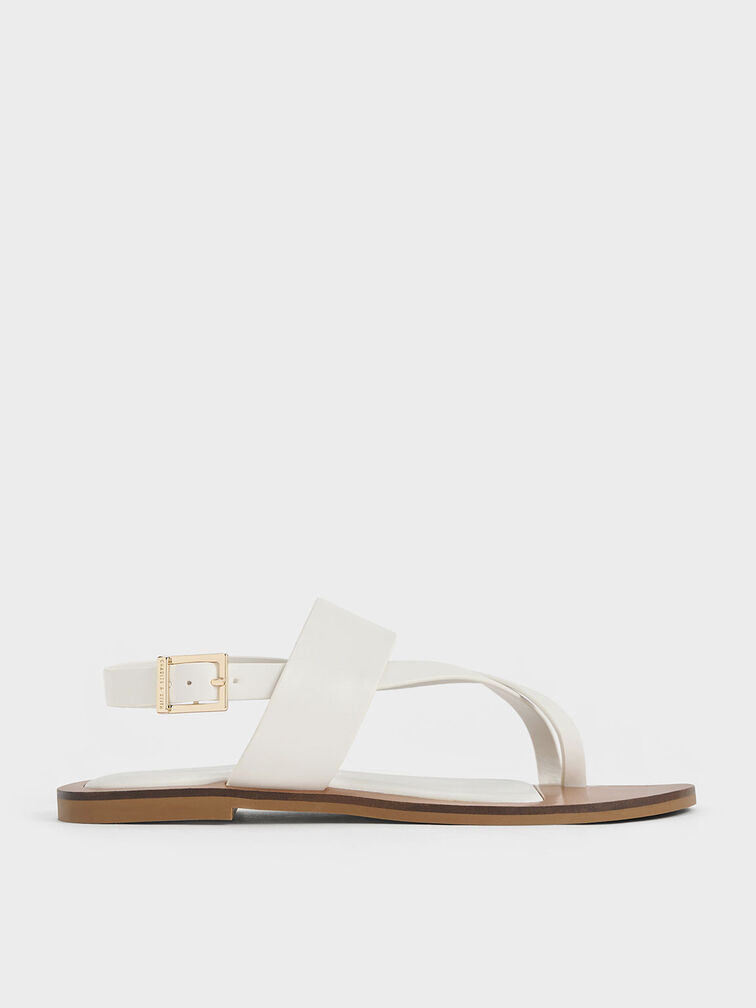 Toe-Ring Crossover-Strap Sandals, White, hi-res