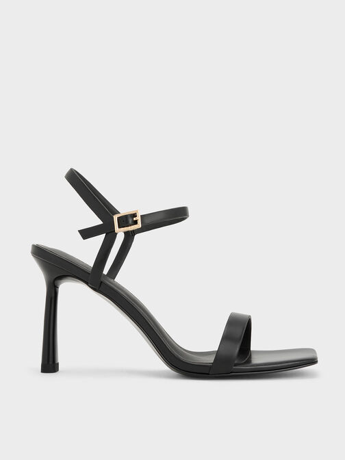 Square-Toe Ankle-Strap Heeled Sandals, Black, hi-res