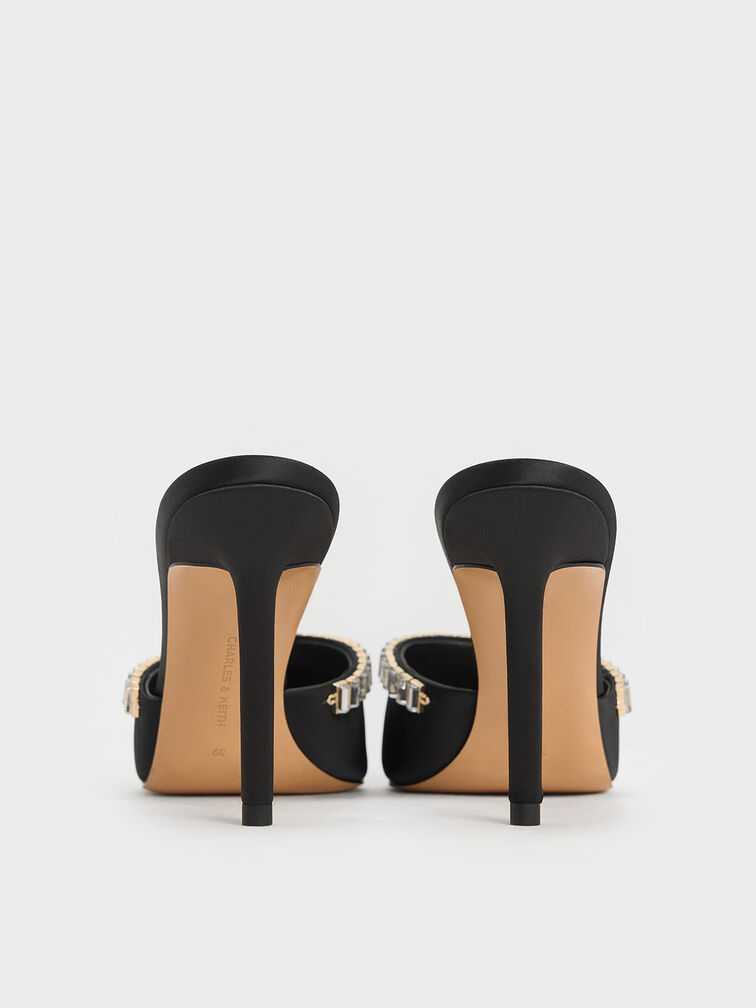 Satin Crystal-Embellished Pointed-Toe Heeled Mules, Black Textured, hi-res