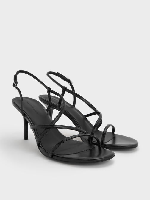 Strappy Stiletto-Heel Slingback Sandals, Black, hi-res