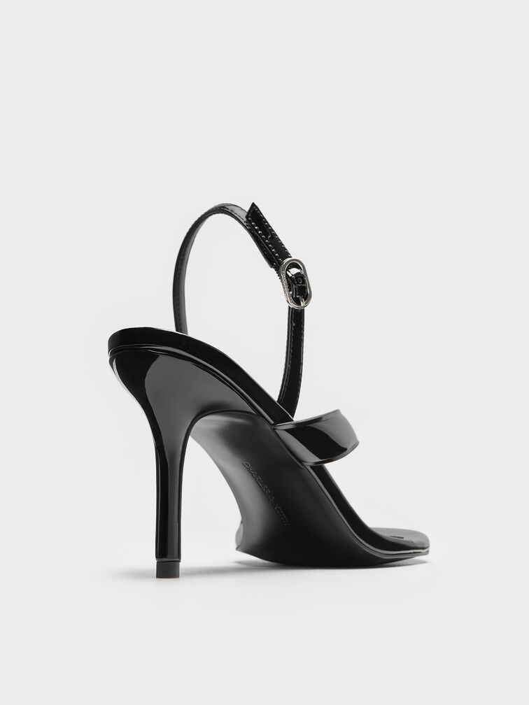 صندل ثونغ لامع مكشوف طراز (ثونغ) وكعب ستيليتو وحزام خلفي, أسود براق, hi-res