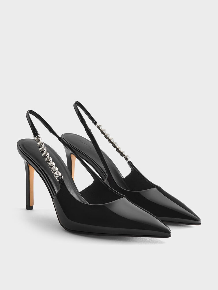 Flores Patent Gem-Strap Slingback Pumps, Black Patent, hi-res