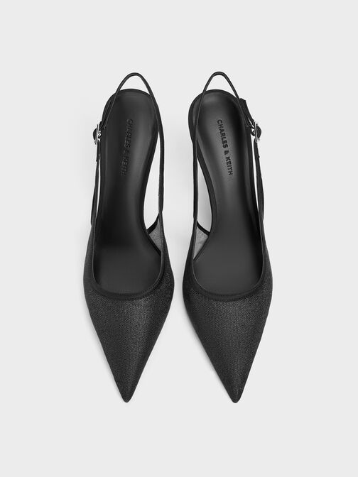 Glittered Mesh Pointed Slingback Pumps, Black Textured, hi-res