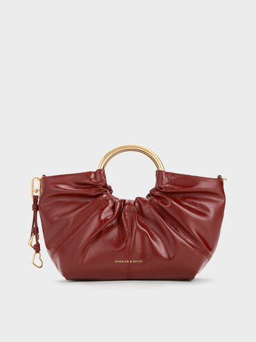 Ciara Ruched Metal Top Handle Bag, Burgundy, hi-res