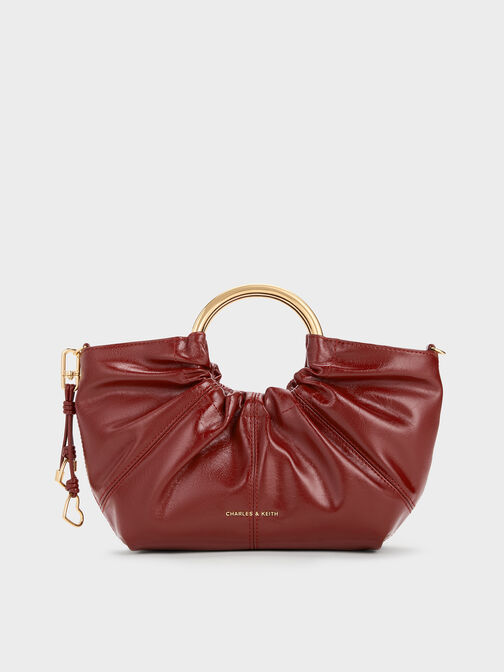 Ciara Ruched Metal Top Handle Bag, Burgundy, hi-res
