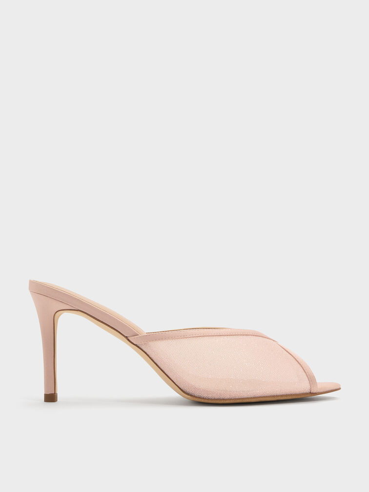 حذاء ميول بكعب ومقدمة مفتوحة من القماش الشبكي اللامع, وردي, hi-res