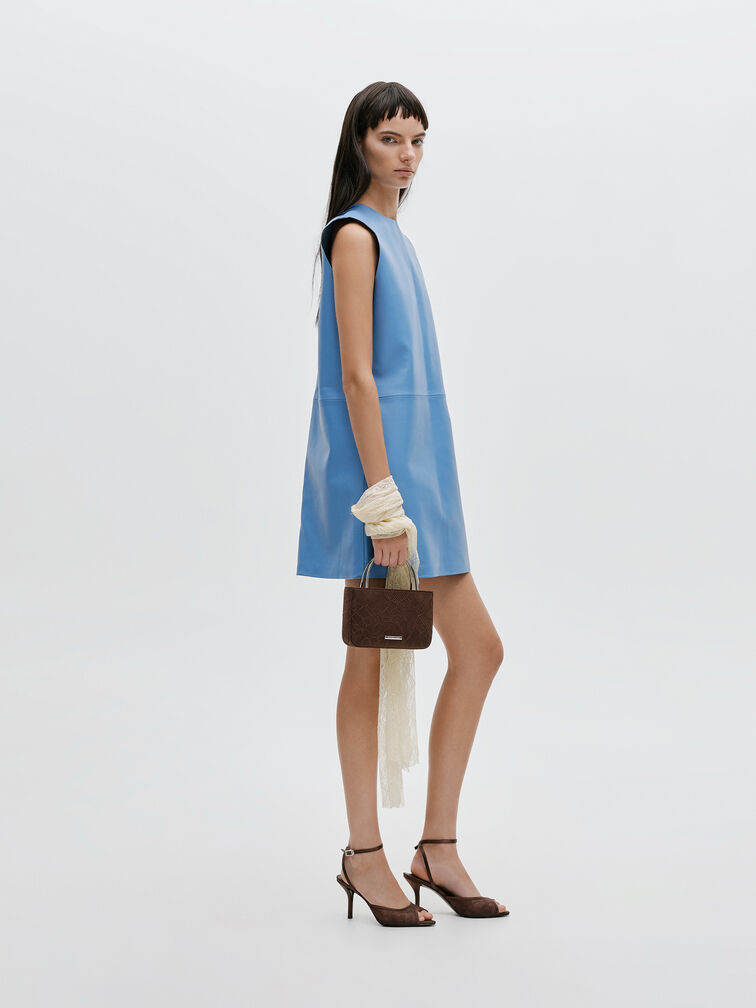 Jennis Lace & Satin Top Handle Bag, Dark Brown Textured, hi-res