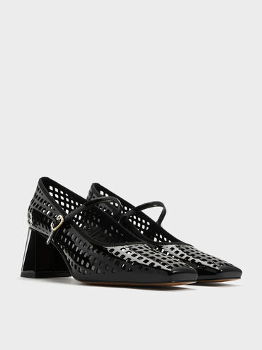 Patent Perforated Square-Toe Block-Heel Mary Jane Pumps, Black Patent, hi-res