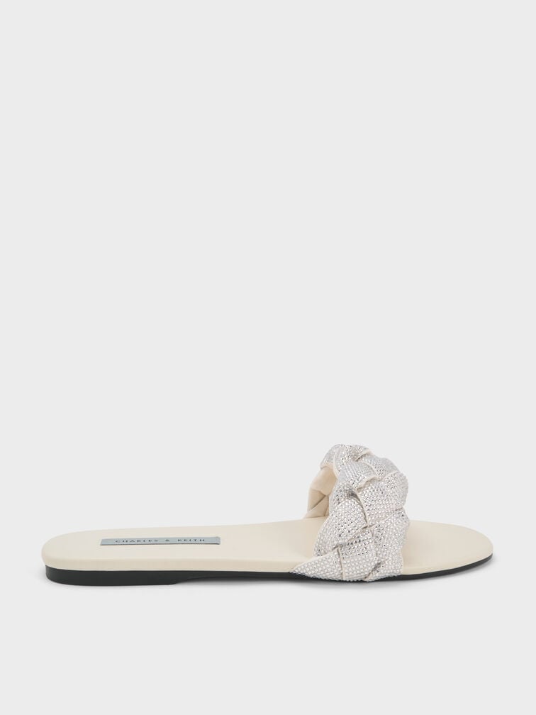 Gem-Embellished Braided Strap Slides, Cream, hi-res