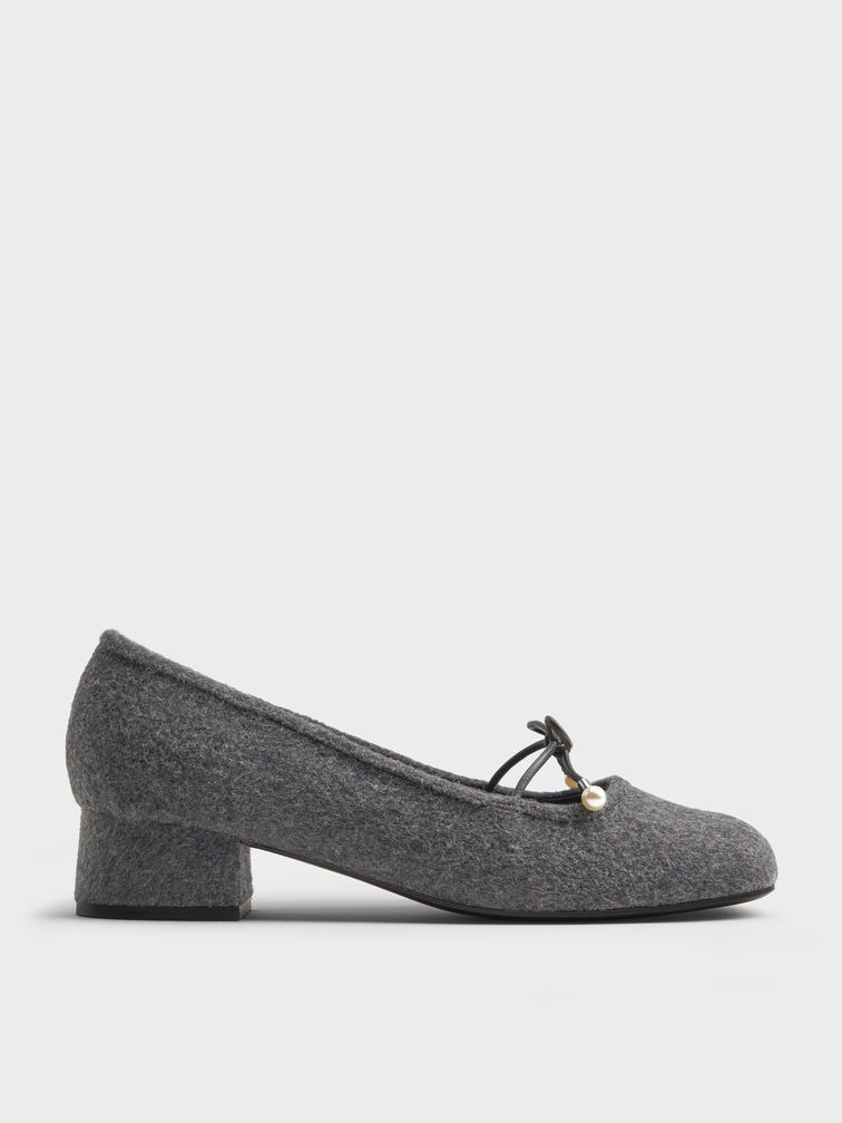 Barbara Felt Pearl-Bow Ballet Pumps, Grey, hi-res
