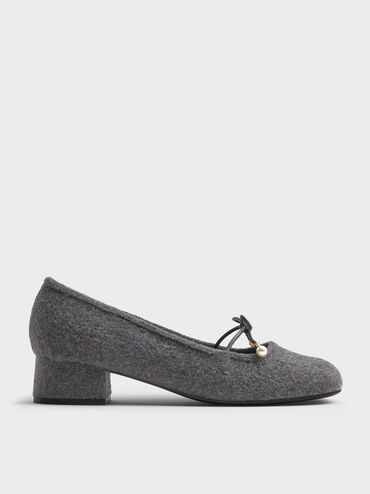 Barbara Felt Pearl-Bow Ballet Pumps, Grey, hi-res