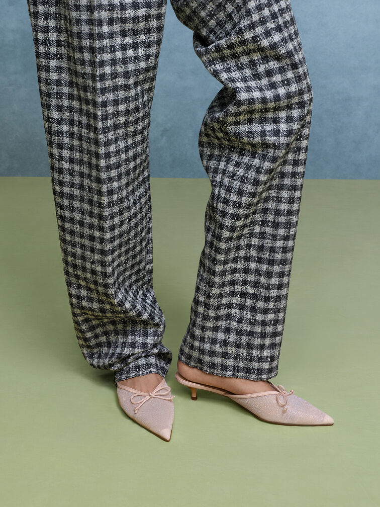 حذاء بكعب قصير وفيونكة من القماش الشبكي اللامع, وردي, hi-res