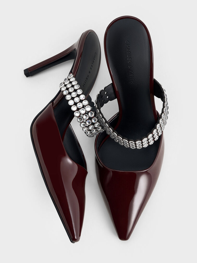 Patent Crystal-Embellished Heeled Mules, Burgundy, hi-res