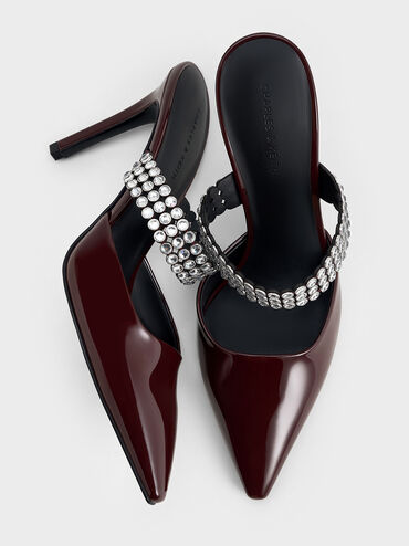 Patent Crystal-Embellished Heeled Mules, Burgundy, hi-res