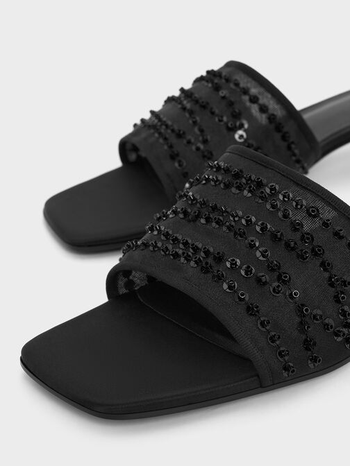 Mesh Sequinned Block-Heel Mules, Black Textured, hi-res