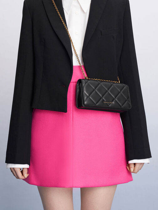 Paffuto Quilted Chain-Handle Long Wallet, Black, hi-res