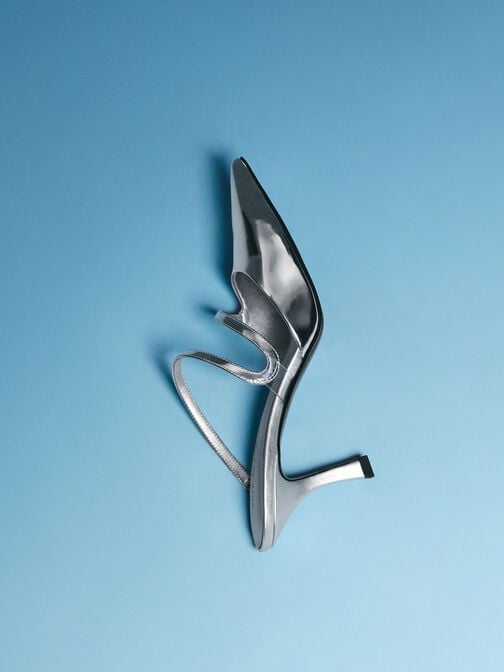 حذاء ميول ميتاليك أردن بمقدمة مدببة وكعب متموج, فضي, hi-res