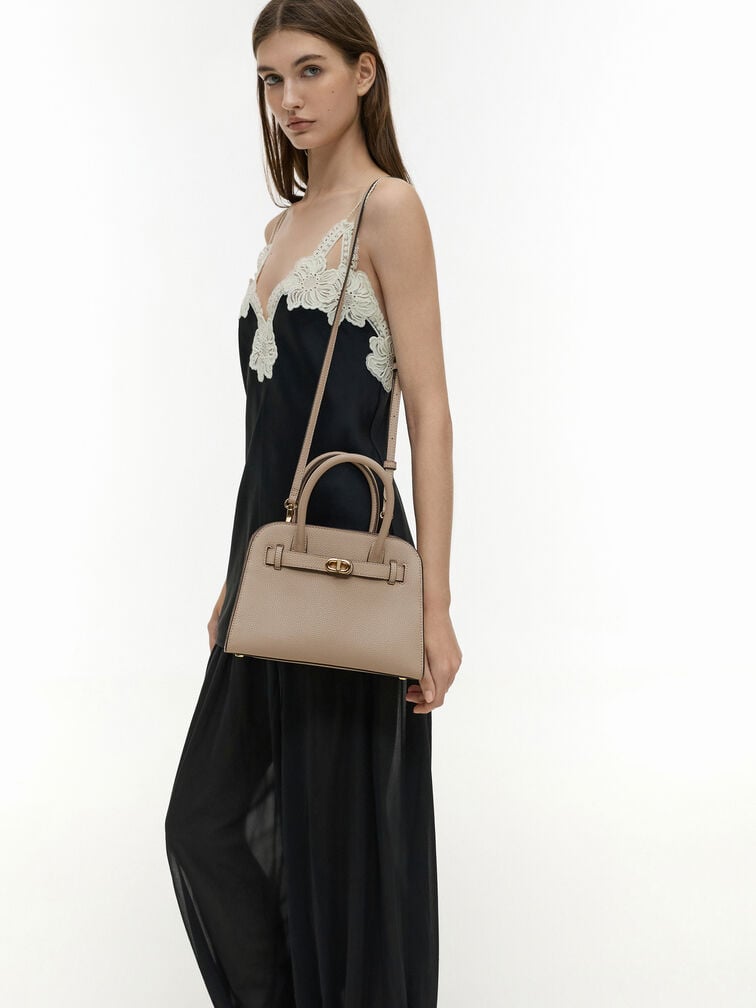 Aubrielle Belted Tote Bag, Taupe, hi-res